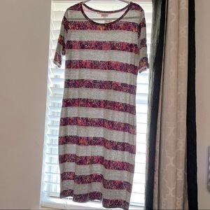 Gray and purple floral stripe dress